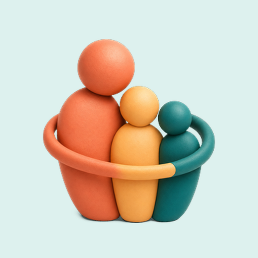 The Family Minder icon: three figures, large, middle-sized and small, with their arms around each other.